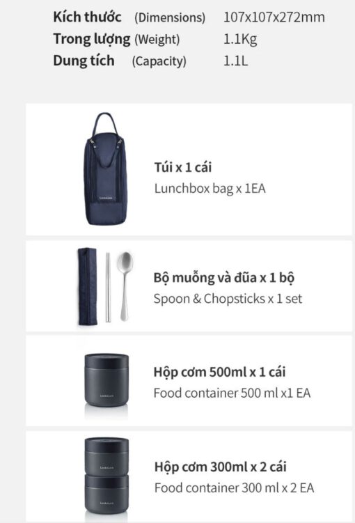 Bộ hộp cơm giữ nhiệt Pump Vacuum Lunch Box (300ml*2, 500ml*1, đũa, thìa, túi) LocknLock LHC8052S01 - Ảnh 11