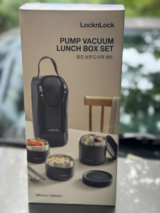 Bộ hộp cơm giữ nhiệt Pump Vacuum Lunch Box (300ml*2, 500ml*1, đũa, thìa, túi) LocknLock LHC8052S01 - Ảnh 15