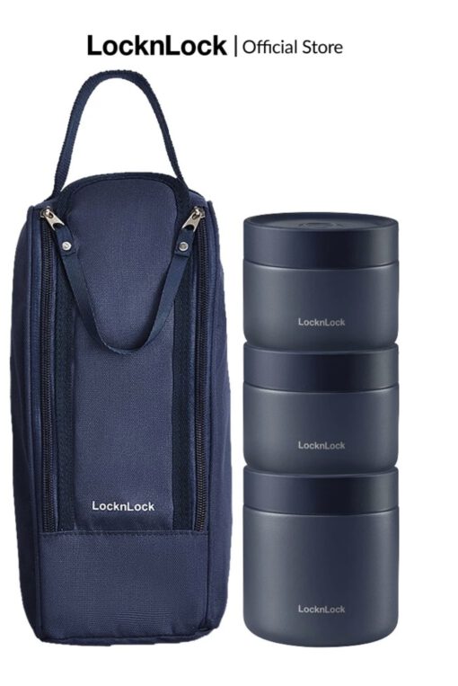 Bộ hộp cơm giữ nhiệt Pump Vacuum Lunch Box (300ml*2, 500ml*1, đũa, thìa, túi) LocknLock LHC8052S01 - Ảnh 7