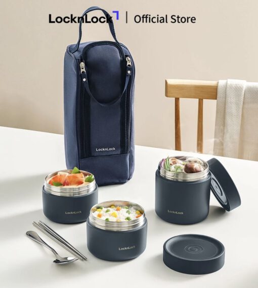 Bộ hộp cơm giữ nhiệt Pump Vacuum Lunch Box (300ml*2, 500ml*1, đũa, thìa, túi) LocknLock LHC8052S01 - Ảnh 8