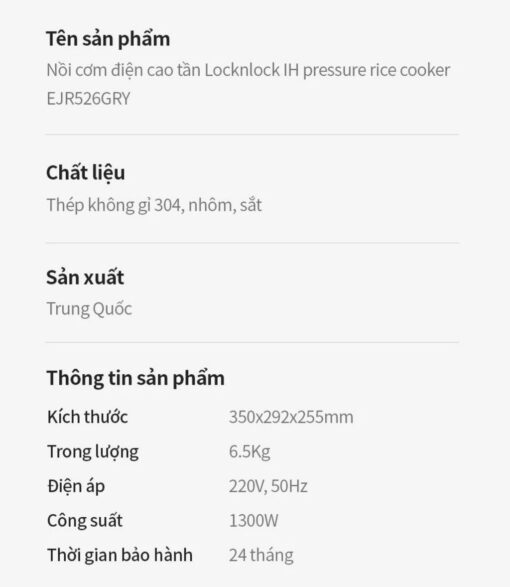 Nồi cơm điện cao tần áp suất 1.8L LocknLock EJR526GRY - Ảnh 20